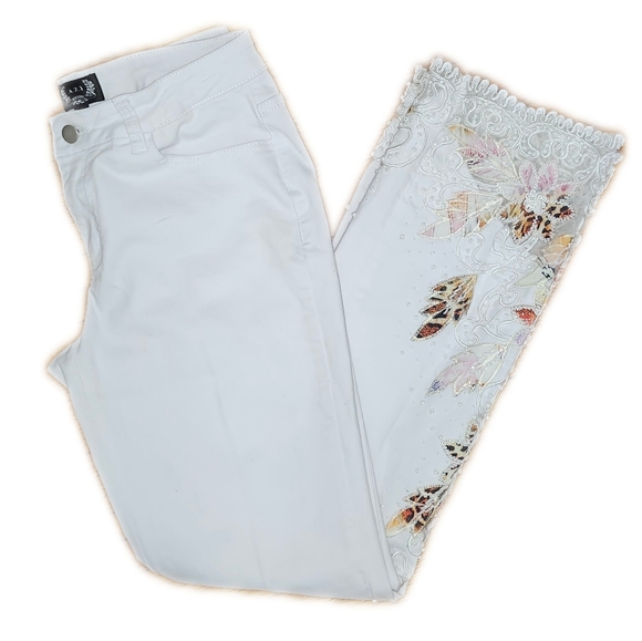 AZI New York Pants - AZI New York White Straight Leg Pants, Heavily Beaded & Embellished, 6